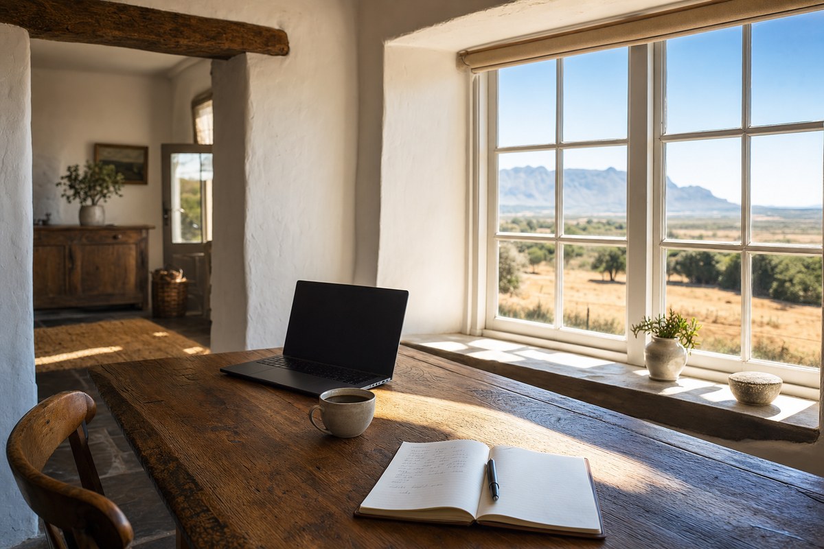 A sunlit Cape Dutch farmhouse room: a laptop with a dark screen on an old wooden table, an open handwritten notebook in the morning light, and veld and mountains through the window