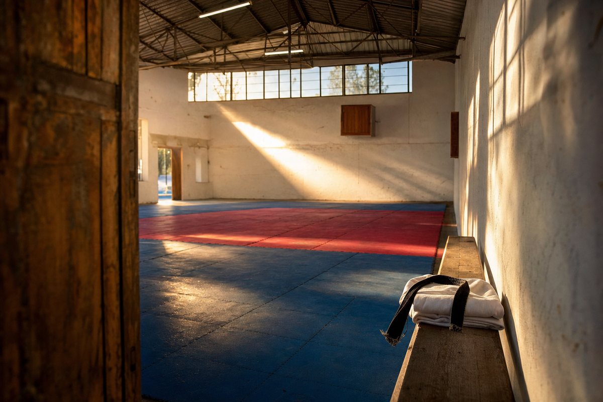An empty martial-arts training hall at first light, sun through high windows across blue and red mats, and on a wooden bench a folded white uniform with a frayed black belt