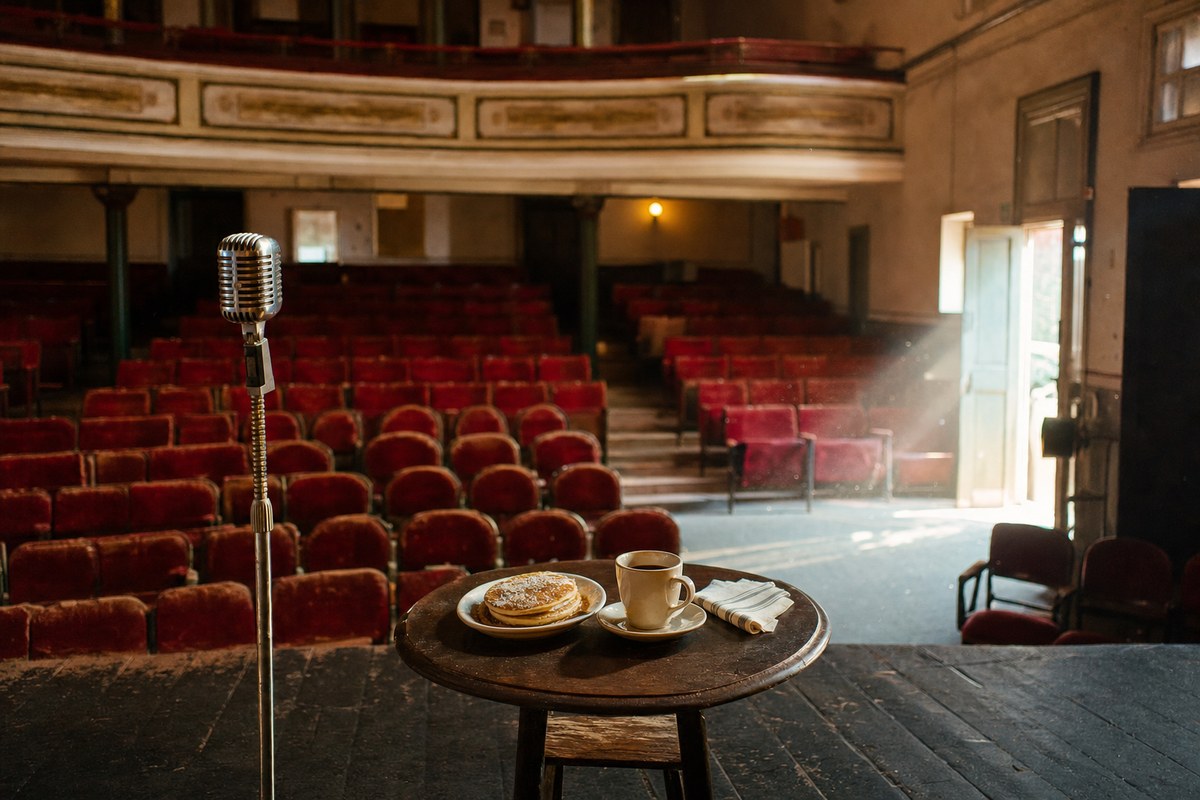 A small old theatre seen from the stage, mid-morning, rows of empty red velvet seats, and at the edge of the stage a microphone on a stand beside a café table laid with breakfast