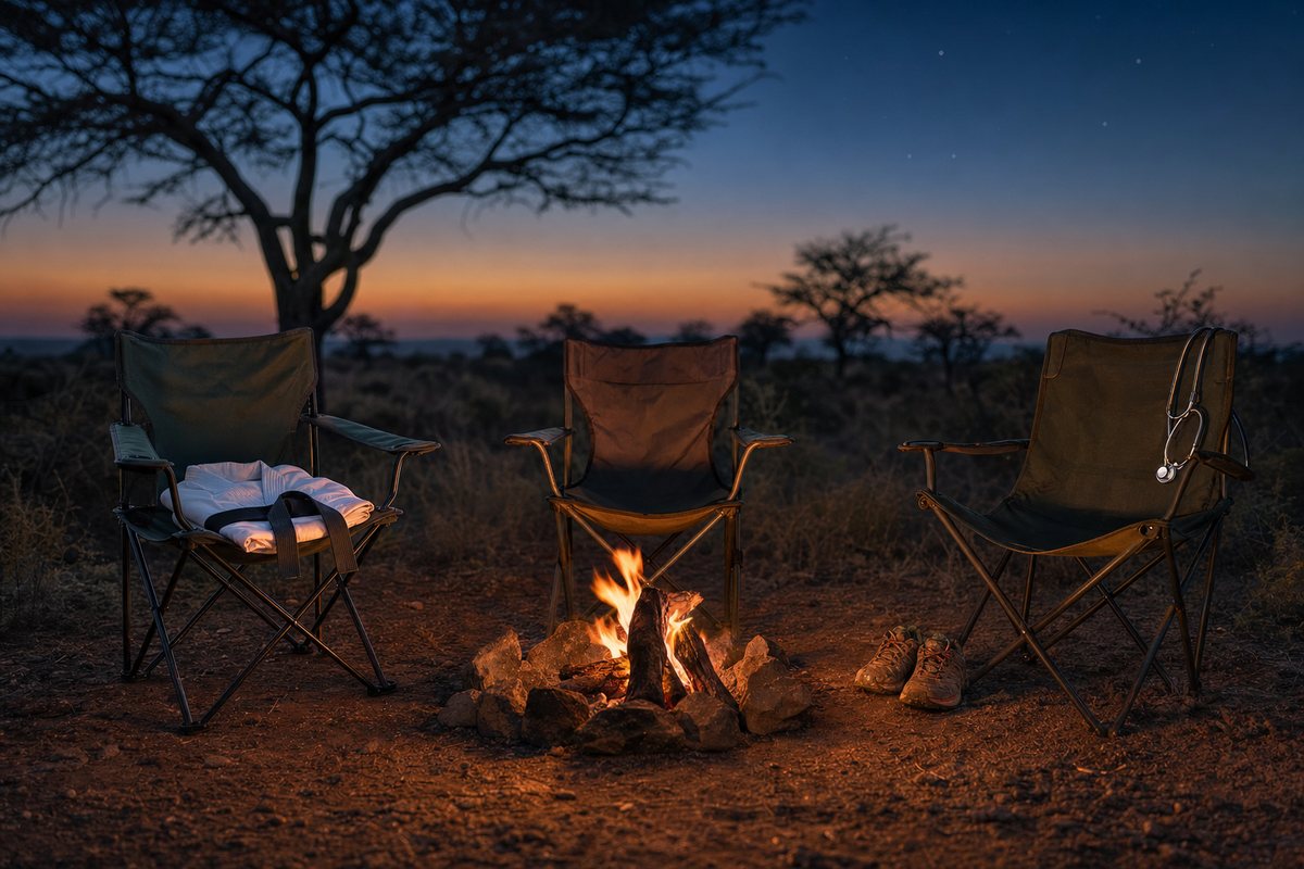 Three empty camp chairs around a small campfire in the bushveld at dusk: a folded white karate gi with a black belt on one, dusty trail-running shoes beside another, a stethoscope over the arm of the third