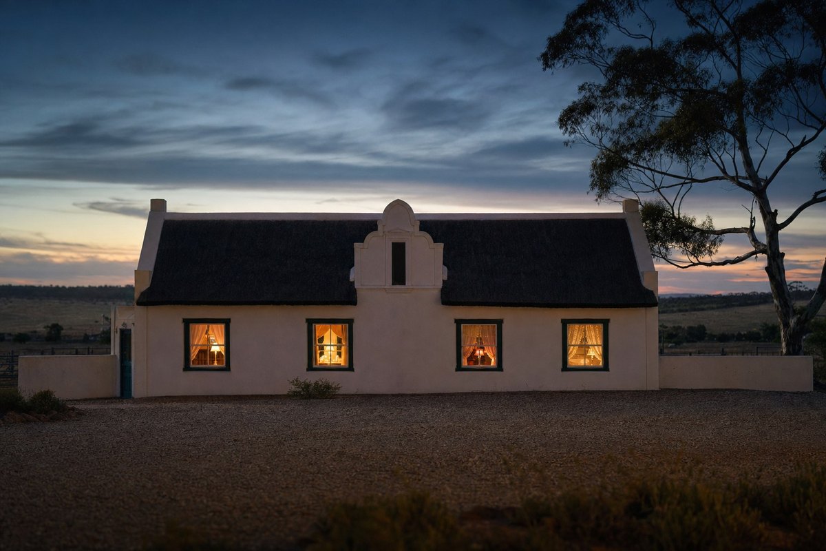 A long low Cape Dutch farmhouse at blue hour across a gravel yard, four windows along its front each lit a slightly different warm glow, dark thatch against a dusk sky, an old bluegum tree to one side