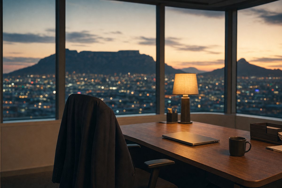 An empty corner office at dusk, a suit jacket over the back of a chair, a closed laptop and a cold cup of coffee, with Table Mountain and the city lights beyond the window