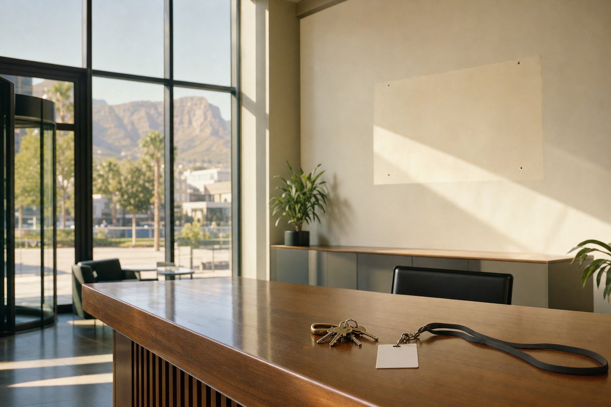 A cleared reception desk in a sunlit office lobby: a bunch of keys on a brass fob and a blank access card on the counter, and behind it a pale rectangle on the wall where a company name has just been taken down