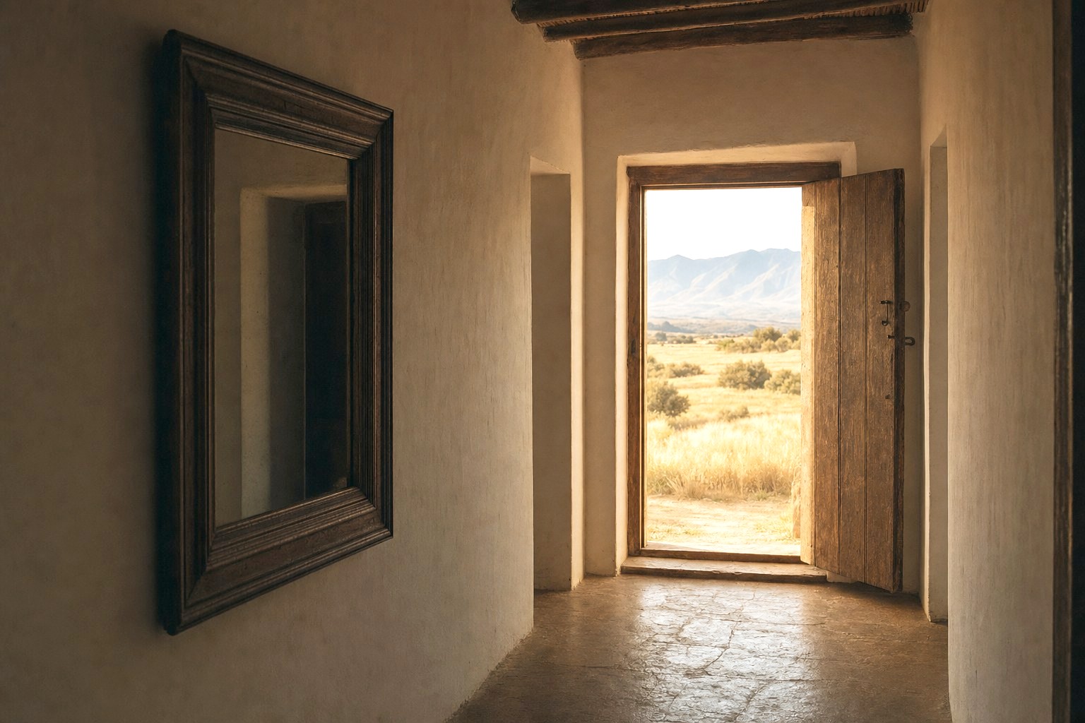 A whitewashed farmhouse hallway: an old framed mirror in shadow on one wall, and at the end an open wooden door full of morning light, golden veld and mountains beyond