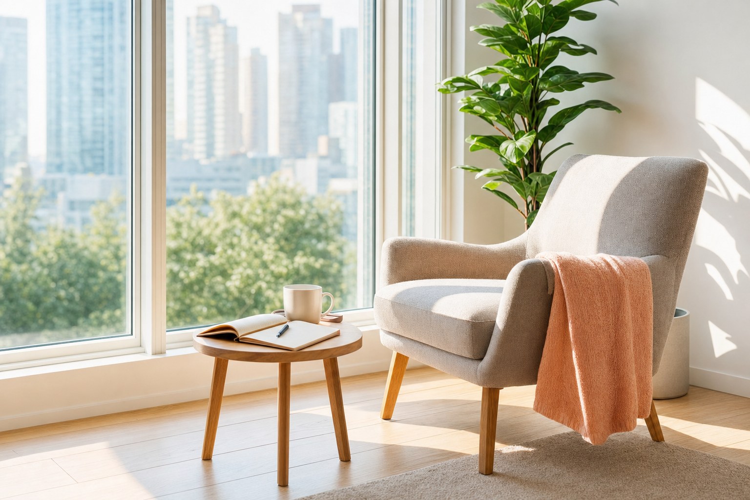 A sunlit modern window corner: an armchair, a warm throw, an open notebook and a cup of coffee on a small side table