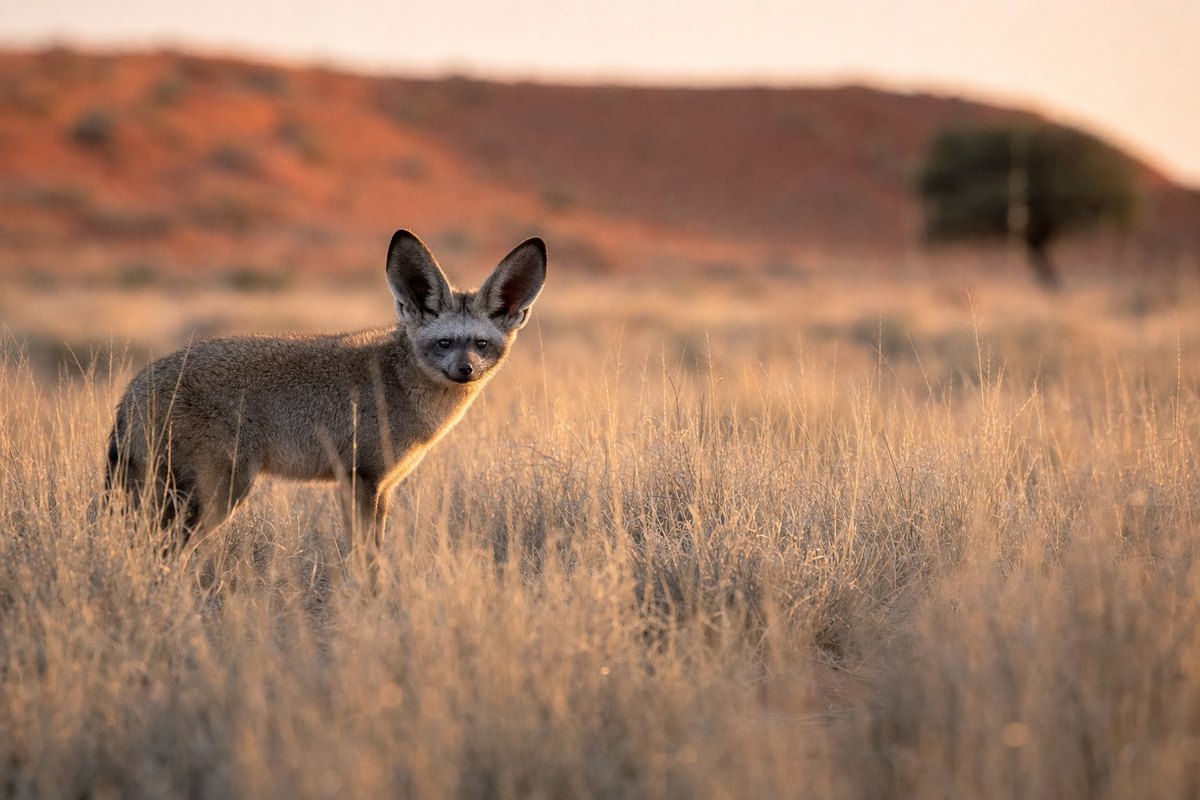 A bat-eared fox standing still in golden Kalahari grass at last light, its huge ears turned toward the camera, listening