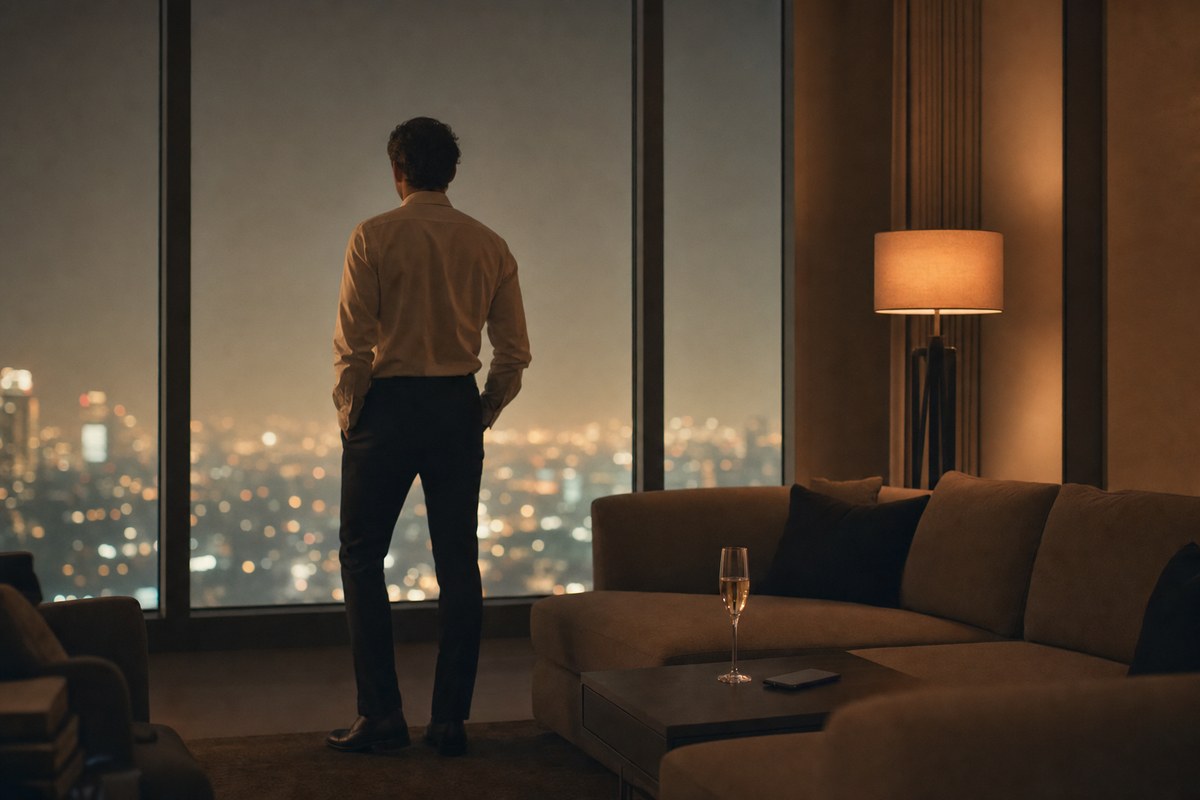 A person standing alone at a high window at night, city lights far below, an untouched glass of champagne on the table