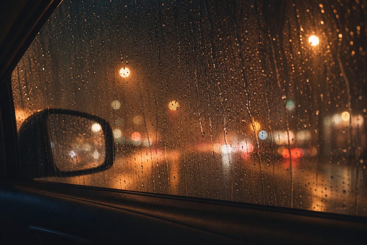 Rain running down a car window at night, warm streetlights blurred beyond the glass