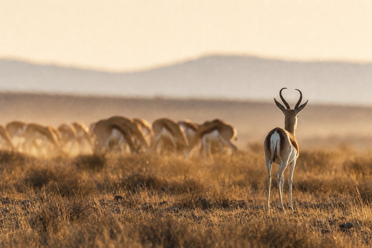 A herd of springbok grazing in golden Karoo grass at last light, one animal standing a few metres apart from the others with its head up, looking toward the horizon