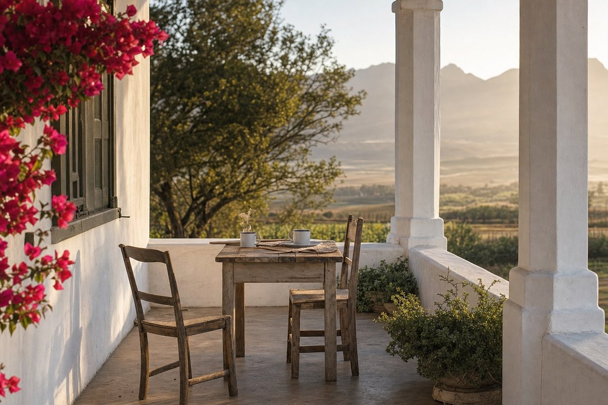 The stoep of a whitewashed Cape farmhouse in early morning light: a small table laid for two, two enamel cups of coffee with one untouched, one chair pulled back and the other still square to the table, mountains soft in the distance