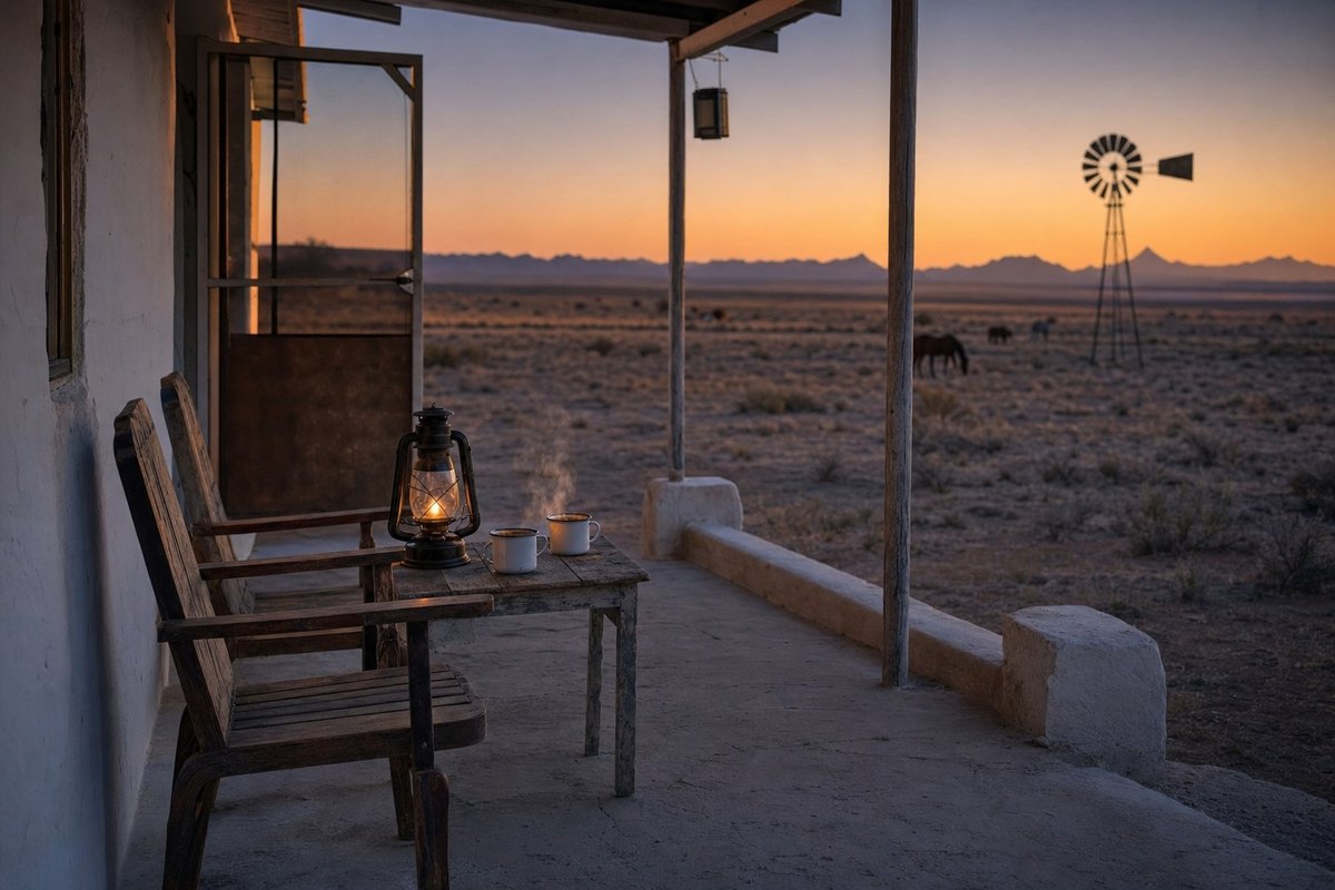 The stoep of a whitewashed Karoo farmhouse at dusk: two wooden chairs facing the veld, two enamel mugs of tea on the table between them, a lantern just lit, a windpump far out on the plain