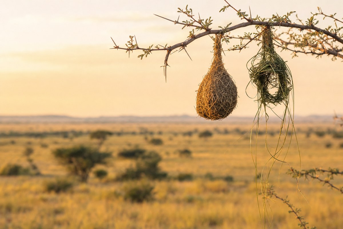 Two weaver-bird nests hanging from a thorn-tree branch in the Kalahari at golden hour, one finished and tightly woven, the other half built with loose grass strands trailing in the breeze